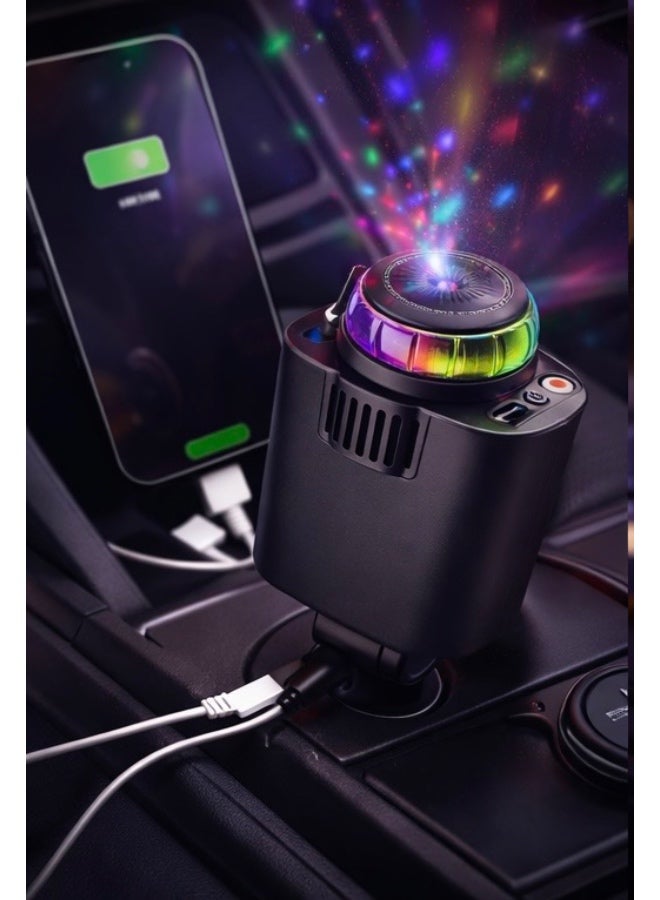 Starlight شاحن سيارة 5 في 1 مع ضوء النجوم 45 واط مع Type-C PD 30 واط وشحن سريع USB – جهاز عرض ضوء النجوم مع موزع عطر وكابل قابل للسحب – عالمي 12 فولت-24 فولت - Image 1